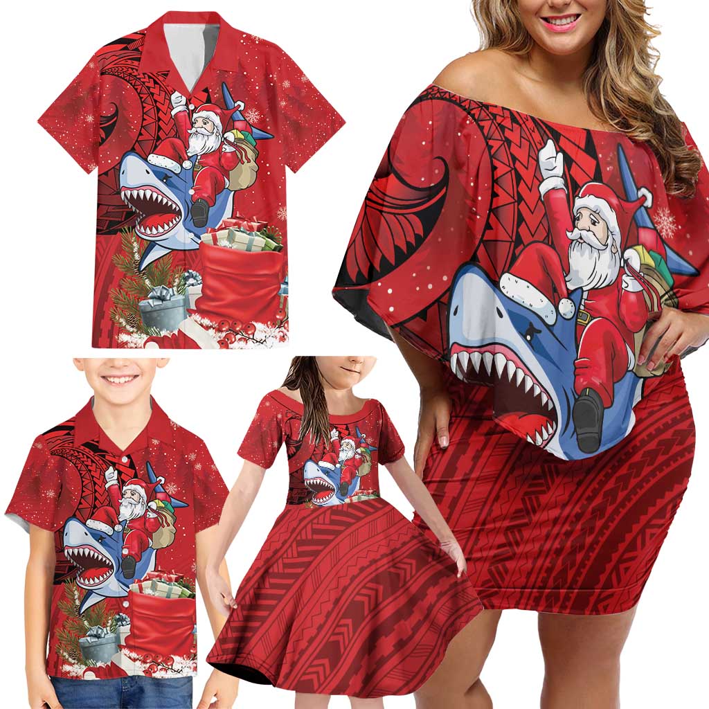 Funny Santa Riding Shark Family Matching Off Shoulder Short Dress and Hawaiian Shirt Polynesian Tribal Christmas Spirit - Polynesian Pride