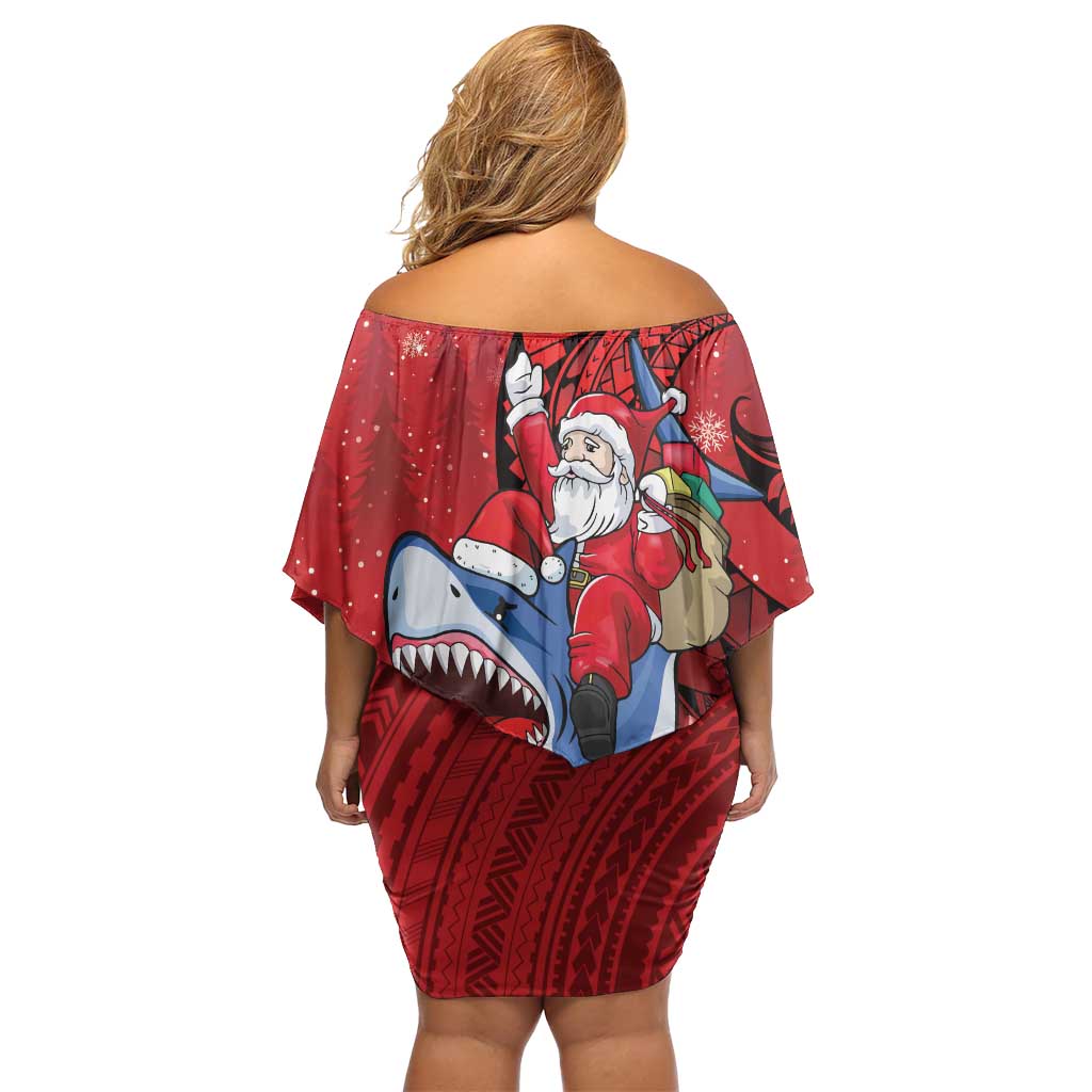 Funny Santa Riding Shark Family Matching Off Shoulder Short Dress and Hawaiian Shirt Polynesian Tribal Christmas Spirit - Polynesian Pride