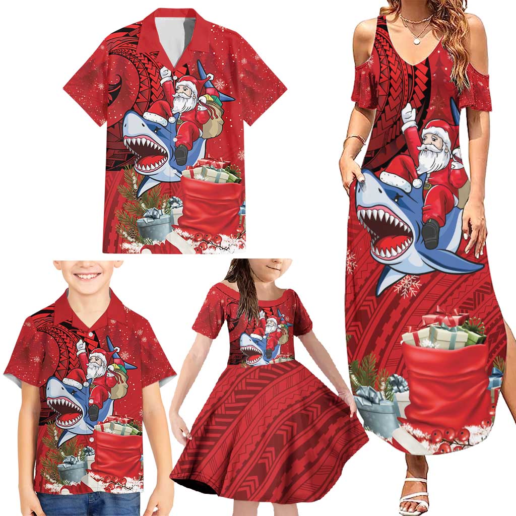 Funny Santa Riding Shark Family Matching Summer Maxi Dress and Hawaiian Shirt Polynesian Tribal Christmas Spirit - Polynesian Pride