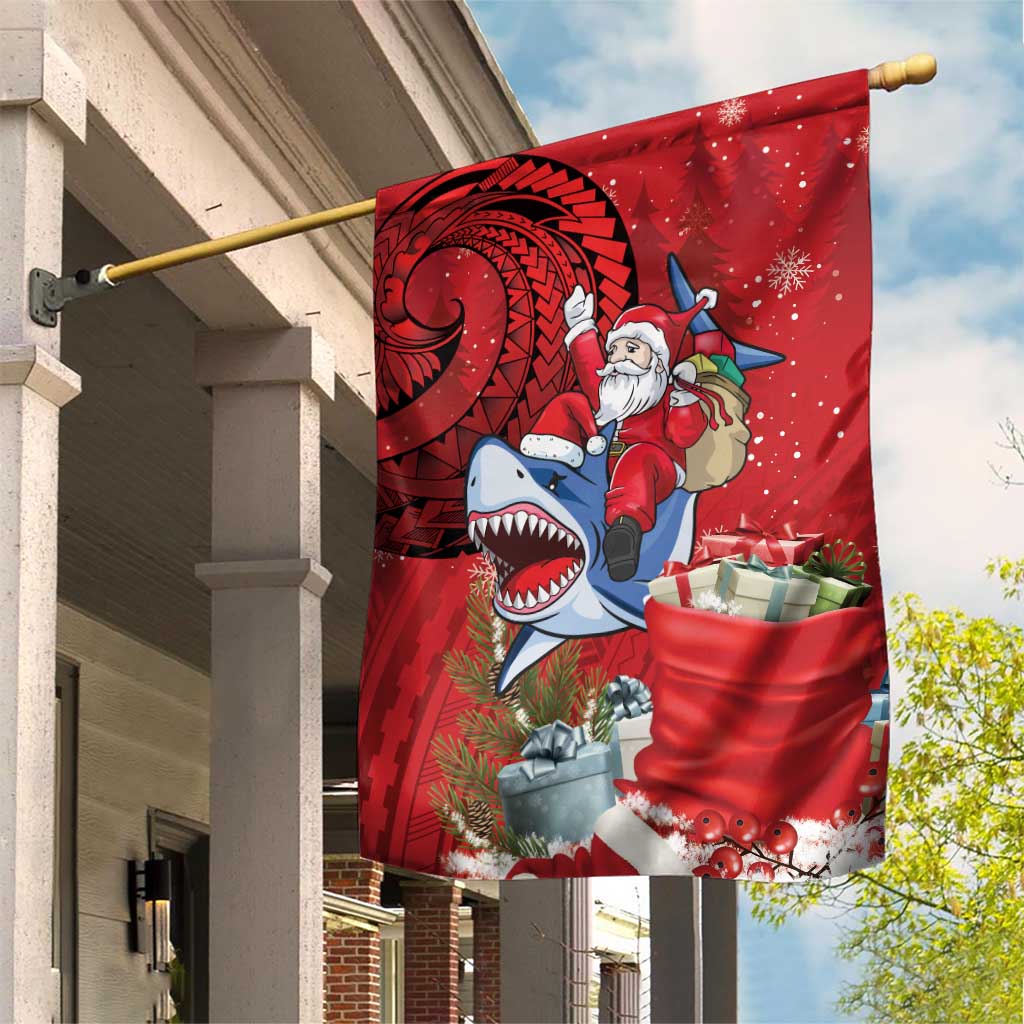 Funny Santa Riding Shark Garden Flag Polynesian Tribal Christmas Spirit - Polynesian Pride