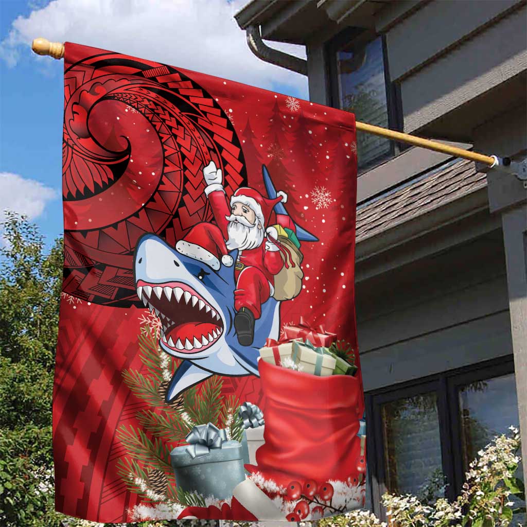 Funny Santa Riding Shark Garden Flag Polynesian Tribal Christmas Spirit - Polynesian Pride