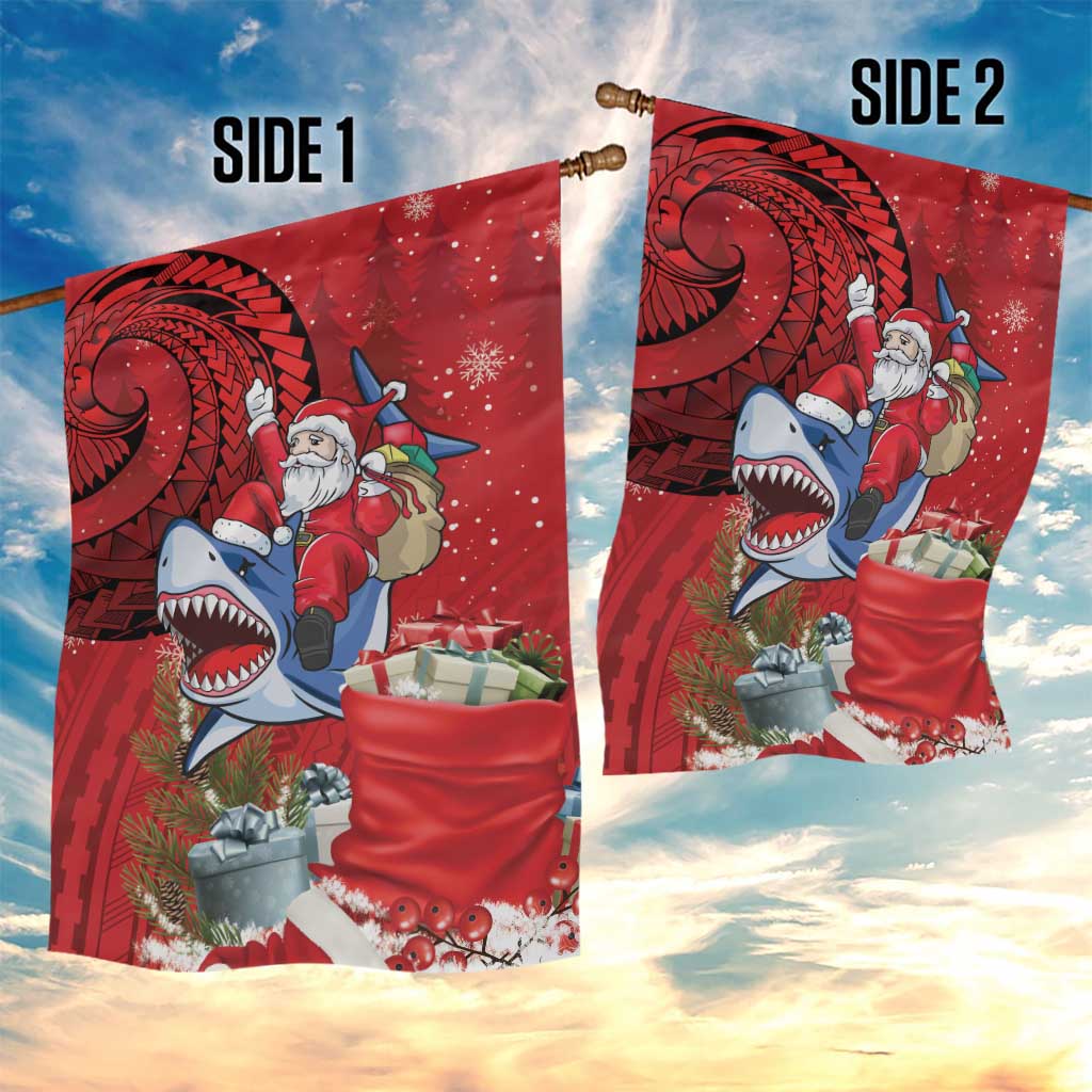 Funny Santa Riding Shark Garden Flag Polynesian Tribal Christmas Spirit - Polynesian Pride