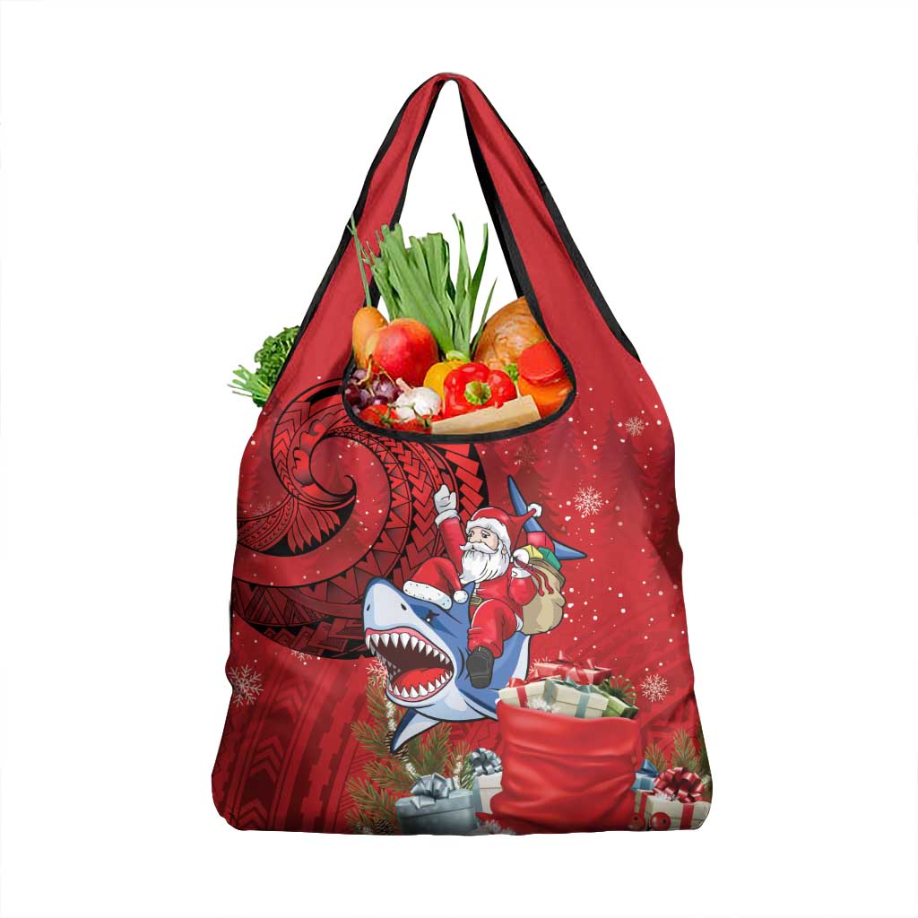 Funny Santa Riding Shark Grocery Bag Polynesian Tribal Christmas Spirit - Polynesian Pride