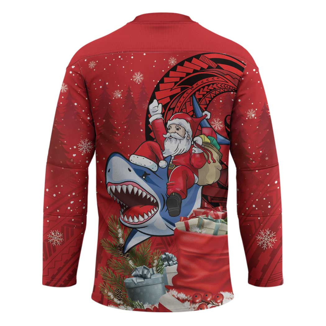 Funny Santa Riding Shark Hockey Jersey Polynesian Tribal Christmas Spirit - Polynesian Pride