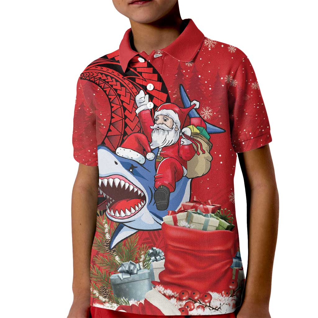 Funny Santa Riding Shark Kid Polo Shirt Polynesian Tribal Christmas Spirit - Polynesian Pride