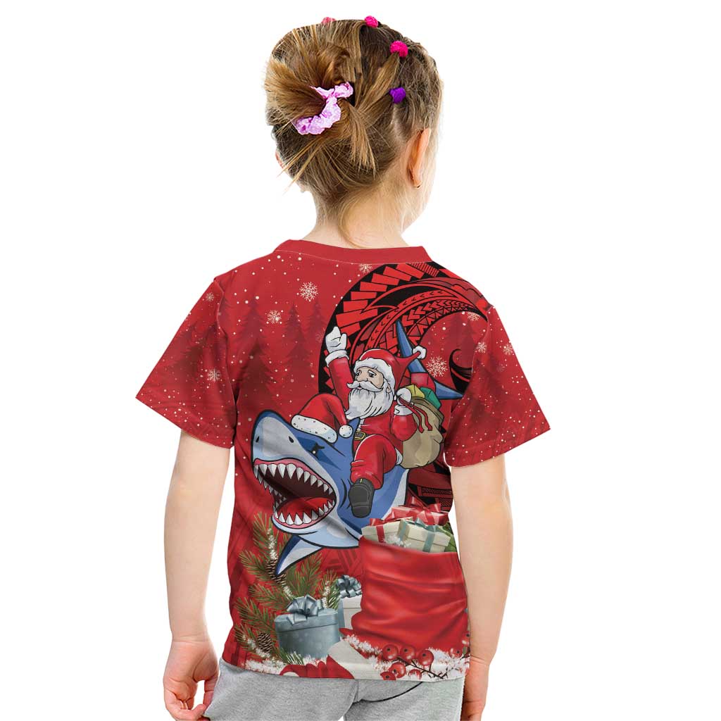 Funny Santa Riding Shark Kid T Shirt Polynesian Tribal Christmas Spirit - Polynesian Pride
