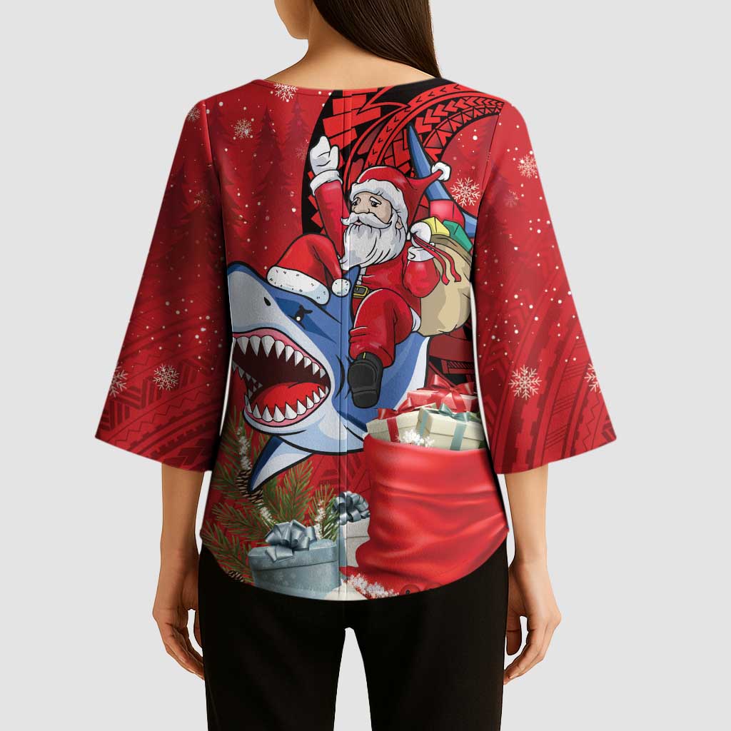 Funny Santa Riding Shark Kimono Sleeve Blouse Polynesian Tribal Christmas Spirit - Polynesian Pride
