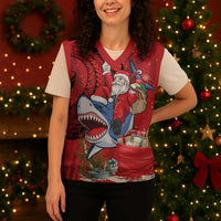 Funny Santa Riding Shark Christmas Knitted V-Neck Vest Polynesian Tribal Christmas Spirit - Polynesian Pride