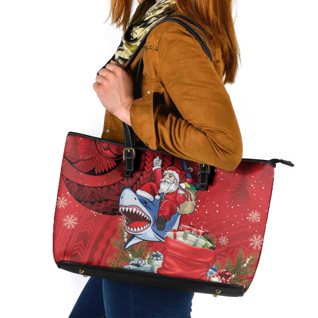 Funny Santa Riding Shark Leather Tote Bag Polynesian Tribal Christmas Spirit - Polynesian Pride