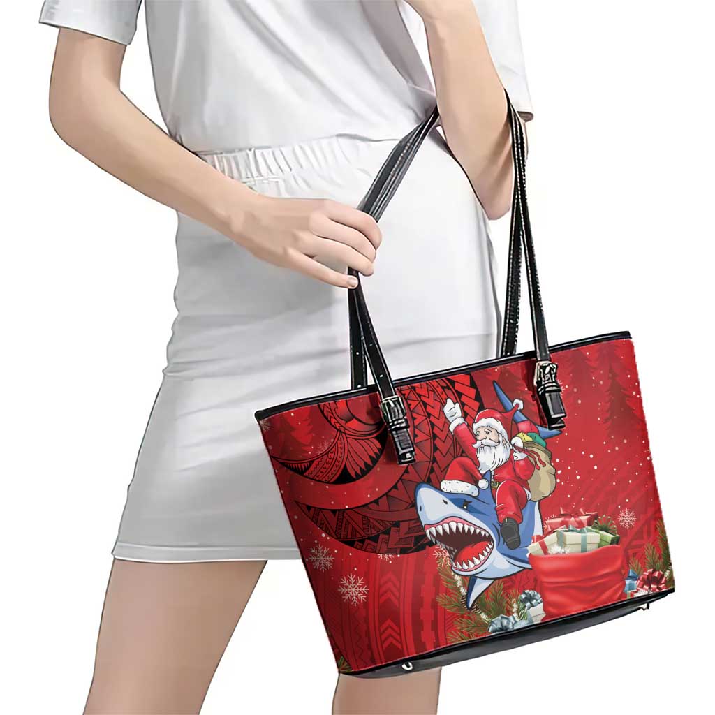 Funny Santa Riding Shark Leather Tote Bag Polynesian Tribal Christmas Spirit LT9 - Polynesian Pride