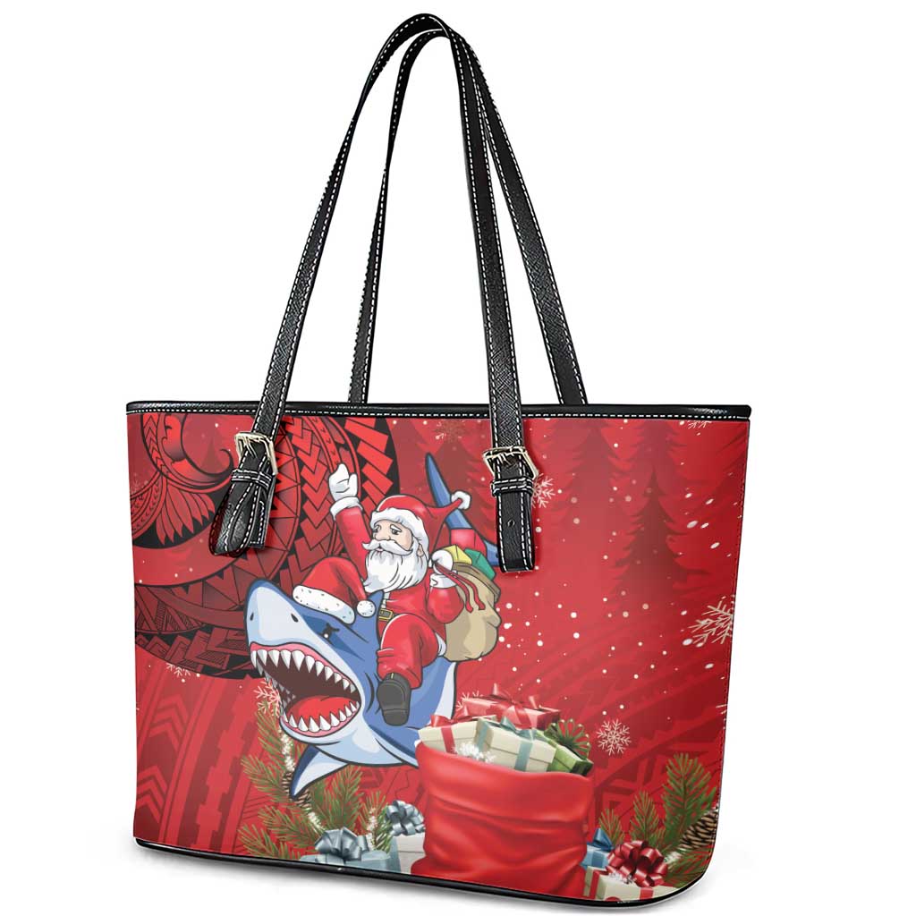 Funny Santa Riding Shark Leather Tote Bag Polynesian Tribal Christmas Spirit LT9 - Polynesian Pride