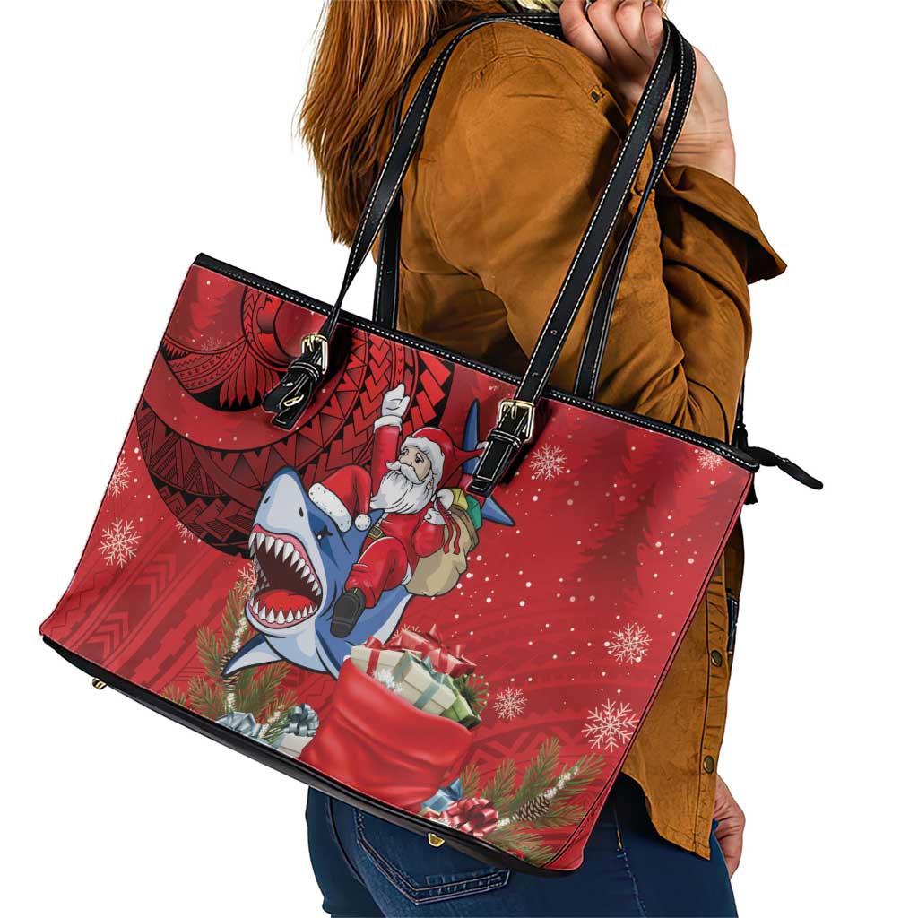 Funny Santa Riding Shark Leather Tote Bag Polynesian Tribal Christmas Spirit LT9 - Polynesian Pride