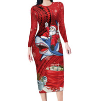 Funny Santa Riding Shark Long Sleeve Bodycon Dress Polynesian Tribal Christmas Spirit - Polynesian Pride