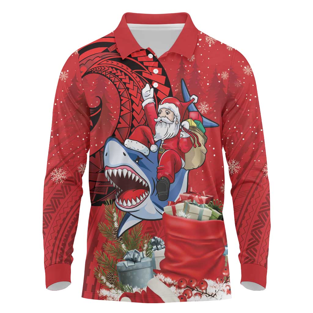 Funny Santa Riding Shark Long Sleeve Polo Shirt Polynesian Tribal Christmas Spirit - Polynesian Pride