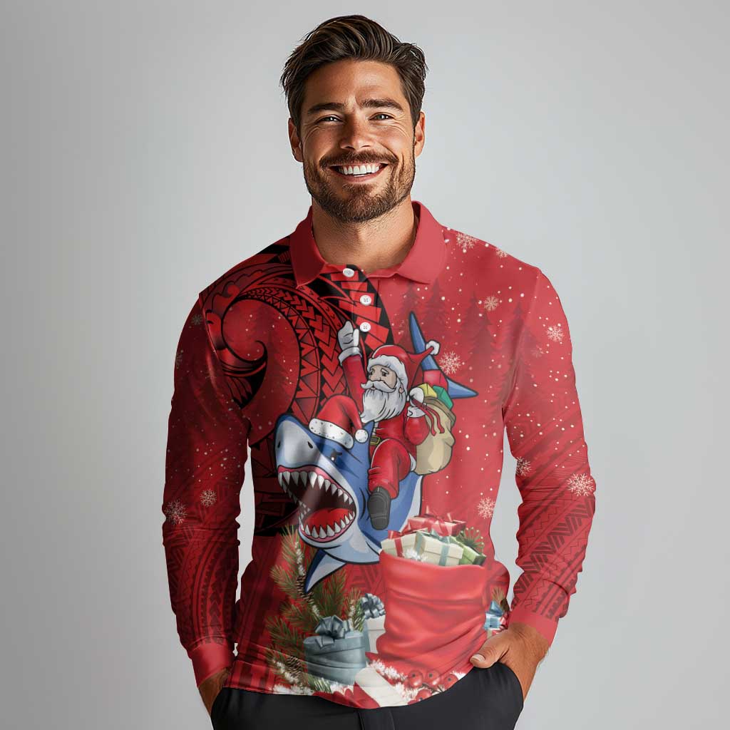 Funny Santa Riding Shark Long Sleeve Polo Shirt Polynesian Tribal Christmas Spirit - Polynesian Pride