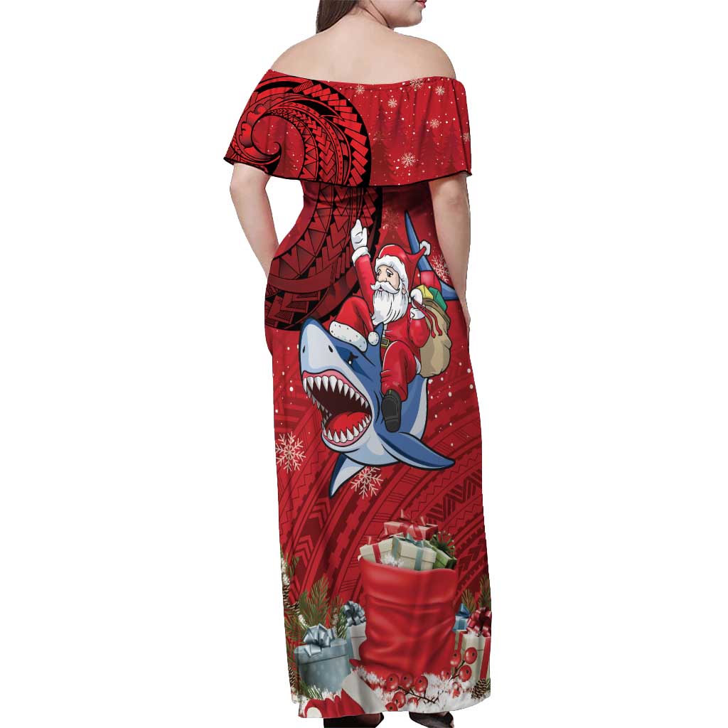 Funny Santa Riding Shark Off Shoulder Maxi Dress Polynesian Tribal Christmas Spirit - Polynesian Pride
