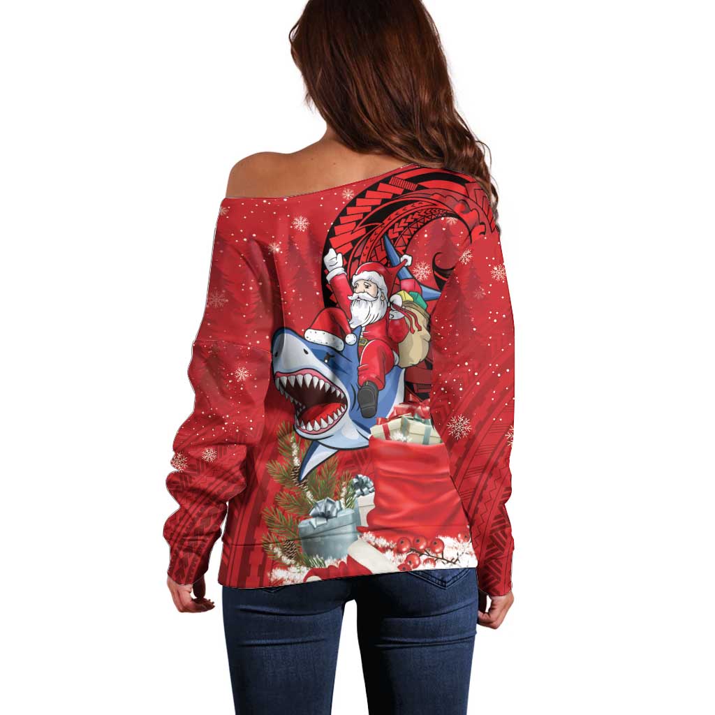 Funny Santa Riding Shark Off Shoulder Sweater Polynesian Tribal Christmas Spirit - Polynesian Pride
