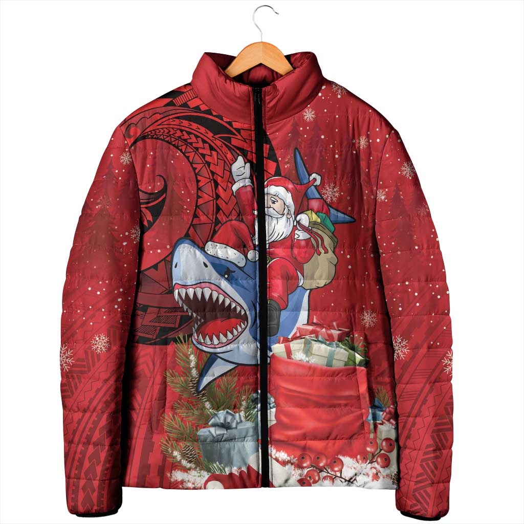Funny Santa Riding Shark Padded Jacket Polynesian Tribal Christmas Spirit - Polynesian Pride