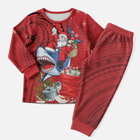 Funny Santa Riding Shark Christmas Pajama Set Polynesian Tribal Christmas Spirit - Polynesian Pride