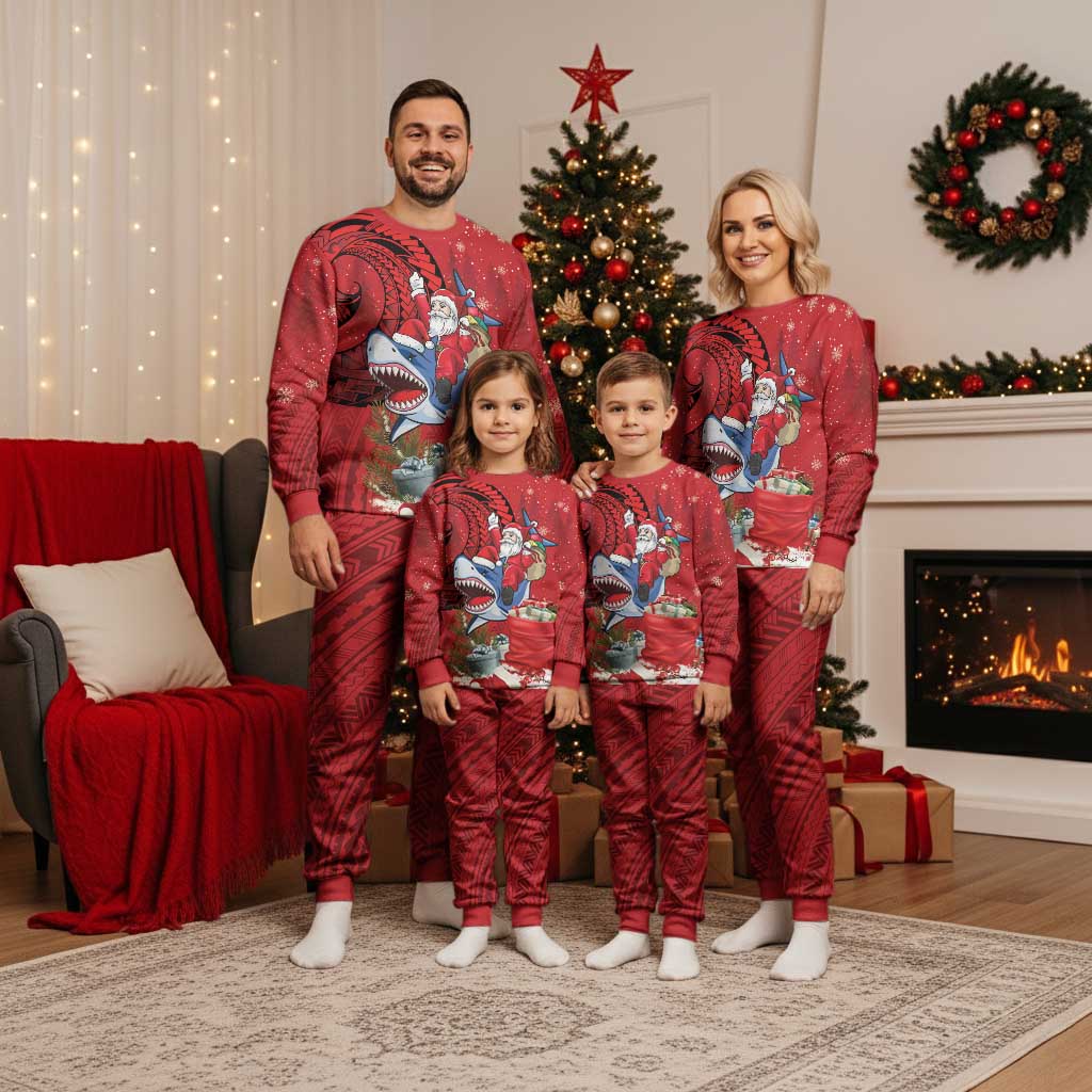 Funny Santa Riding Shark Christmas Pajama Set Polynesian Tribal Christmas Spirit - Polynesian Pride