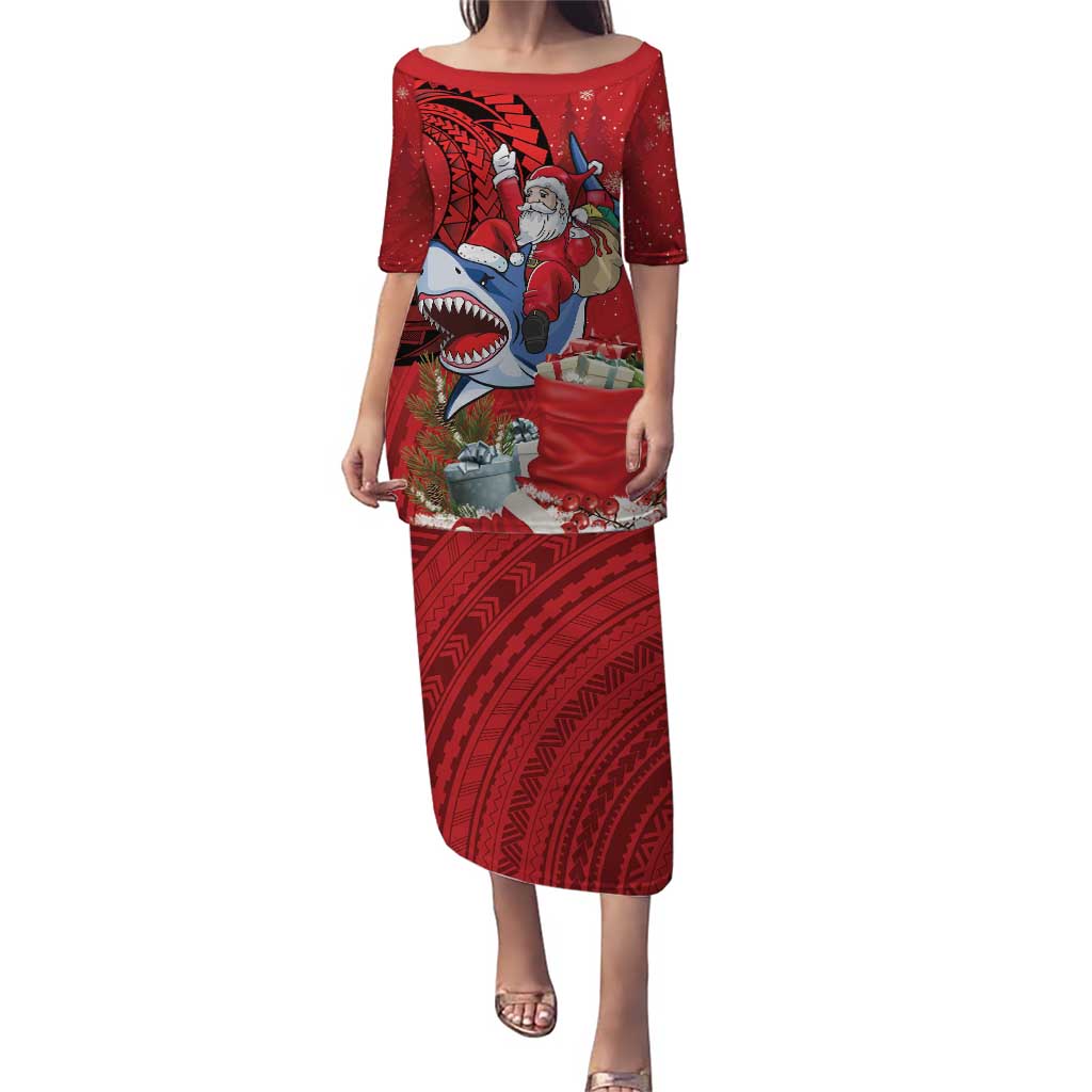 Funny Santa Riding Shark Puletasi Polynesian Tribal Christmas Spirit - Polynesian Pride