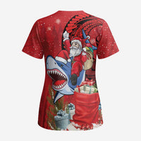 Funny Santa Riding Shark Scrub Top Polynesian Tribal Christmas Spirit - Polynesian Pride