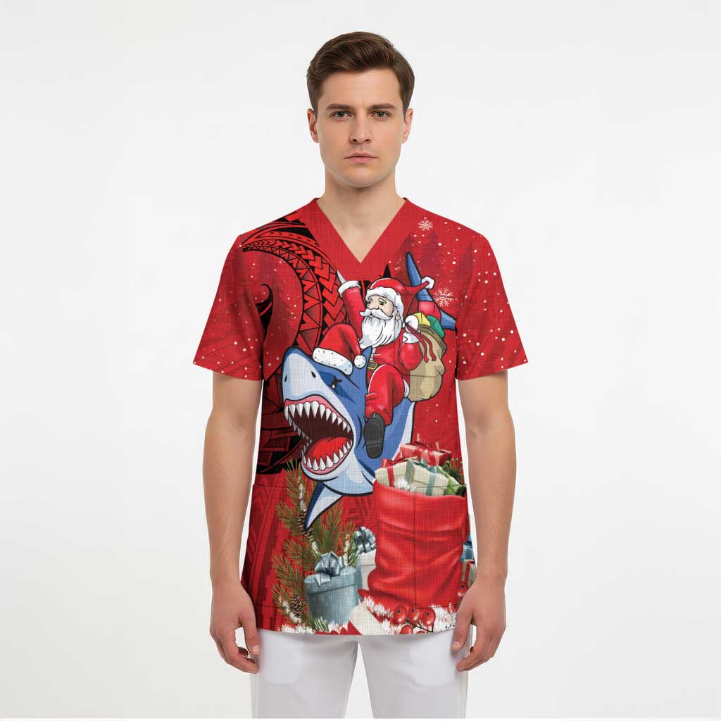 Funny Santa Riding Shark Scrub Top Polynesian Tribal Christmas Spirit - Polynesian Pride