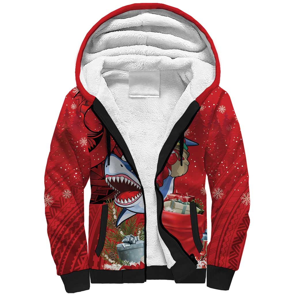 Funny Santa Riding Shark Sherpa Hoodie Polynesian Tribal Christmas Spirit - Polynesian Pride