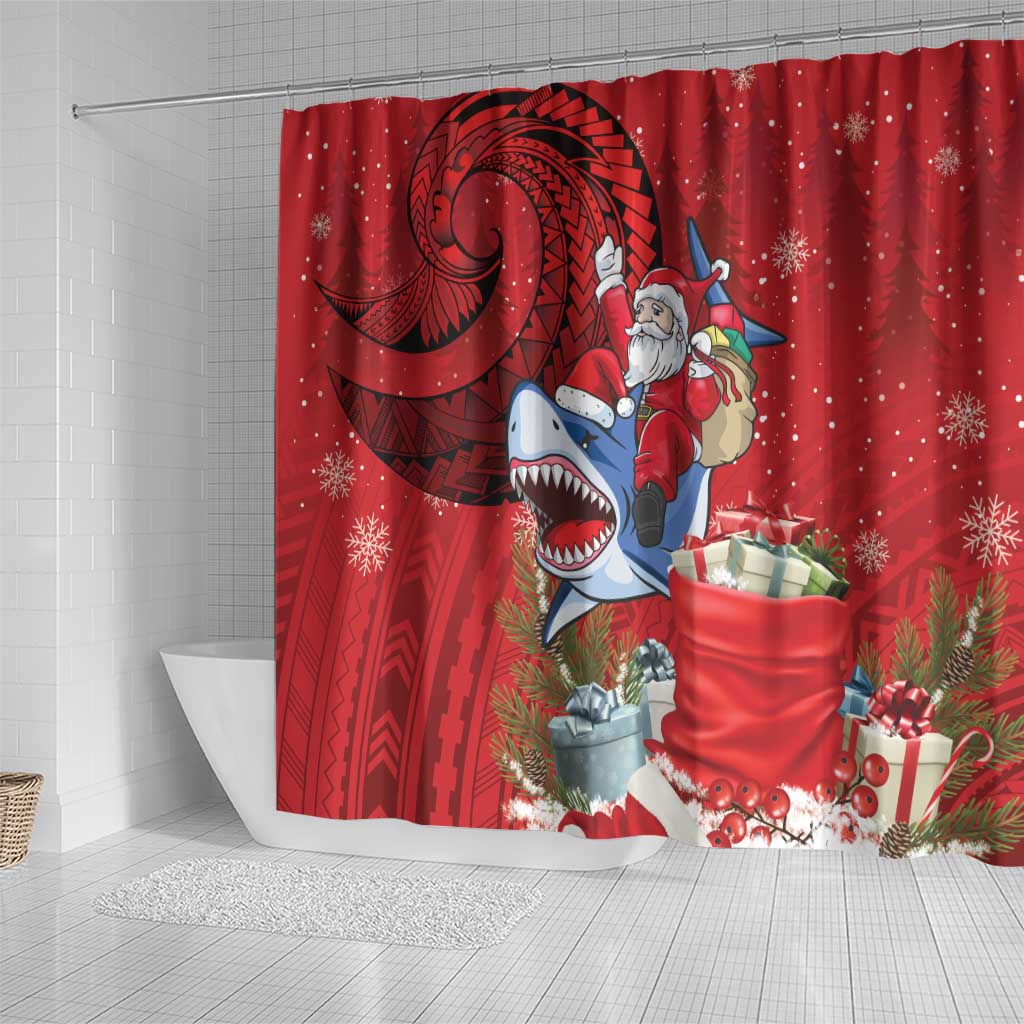 Funny Santa Riding Shark Shower Curtain Polynesian Tribal Christmas Spirit - Polynesian Pride