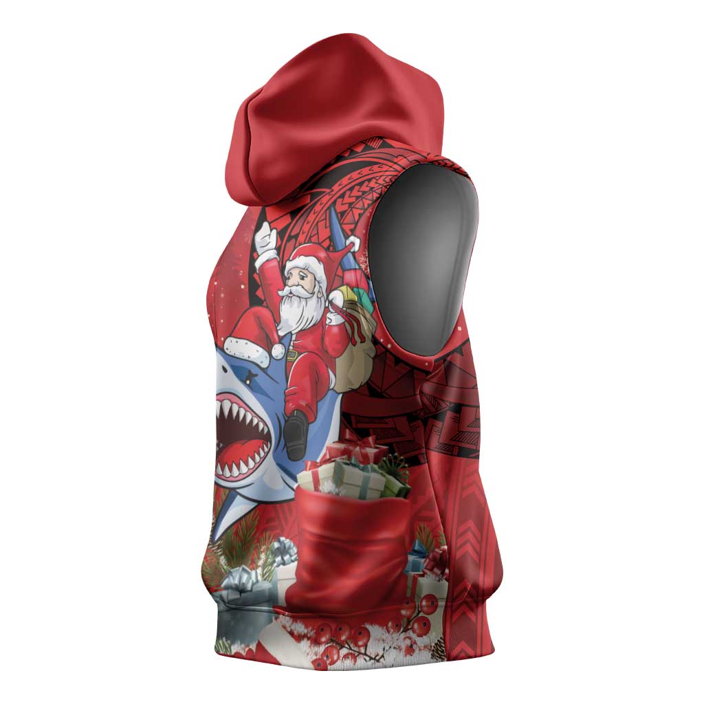 Funny Santa Riding Shark Sleeveless Hoodie Polynesian Tribal Christmas Spirit - Polynesian Pride