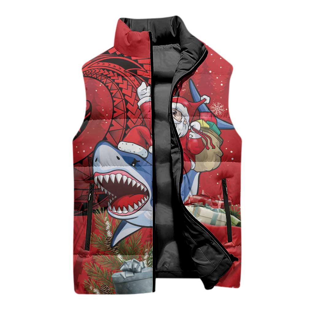 Funny Santa Riding Shark Sleeveless Puffer Jacket Polynesian Tribal Christmas Spirit - Polynesian Pride