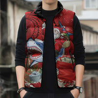 Funny Santa Riding Shark Sleeveless Puffer Jacket Polynesian Tribal Christmas Spirit - Polynesian Pride
