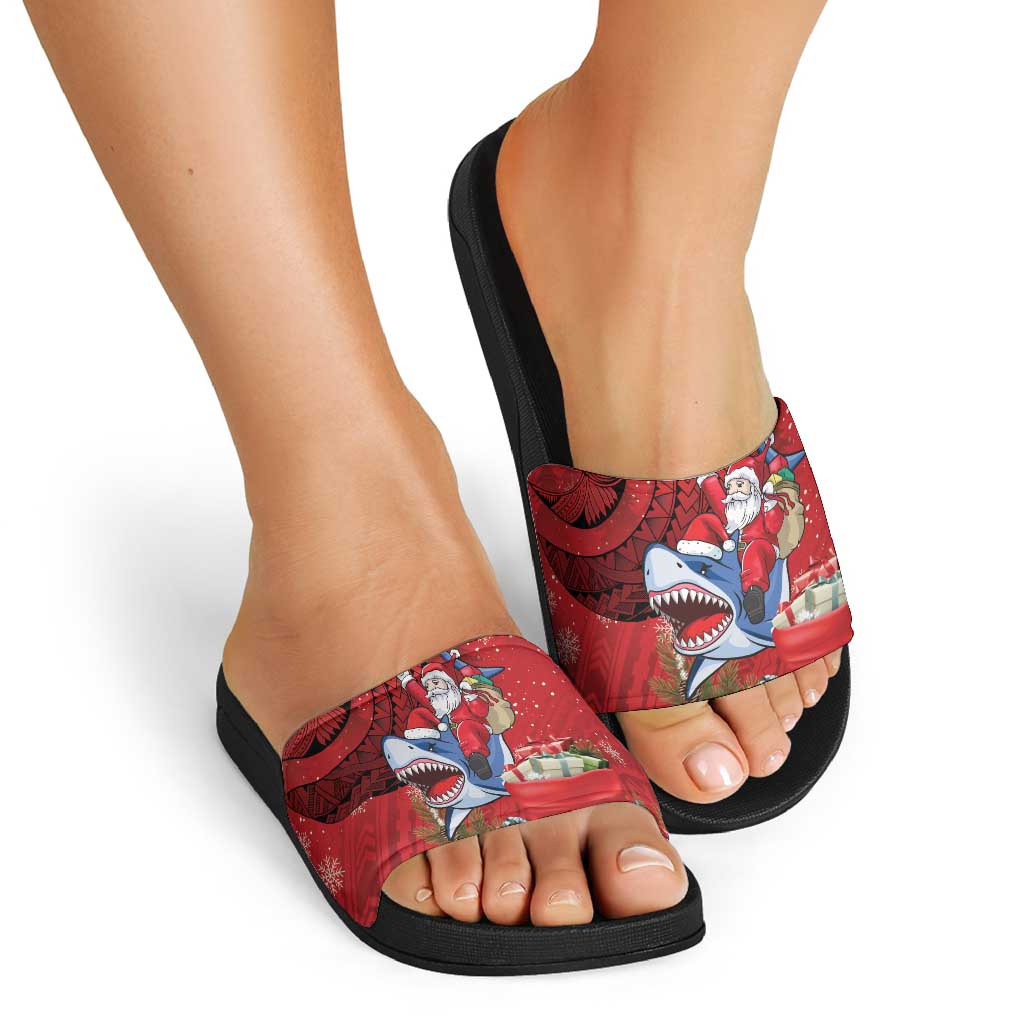 Funny Santa Riding Shark Slide Sandals Polynesian Tribal Christmas Spirit - Polynesian Pride
