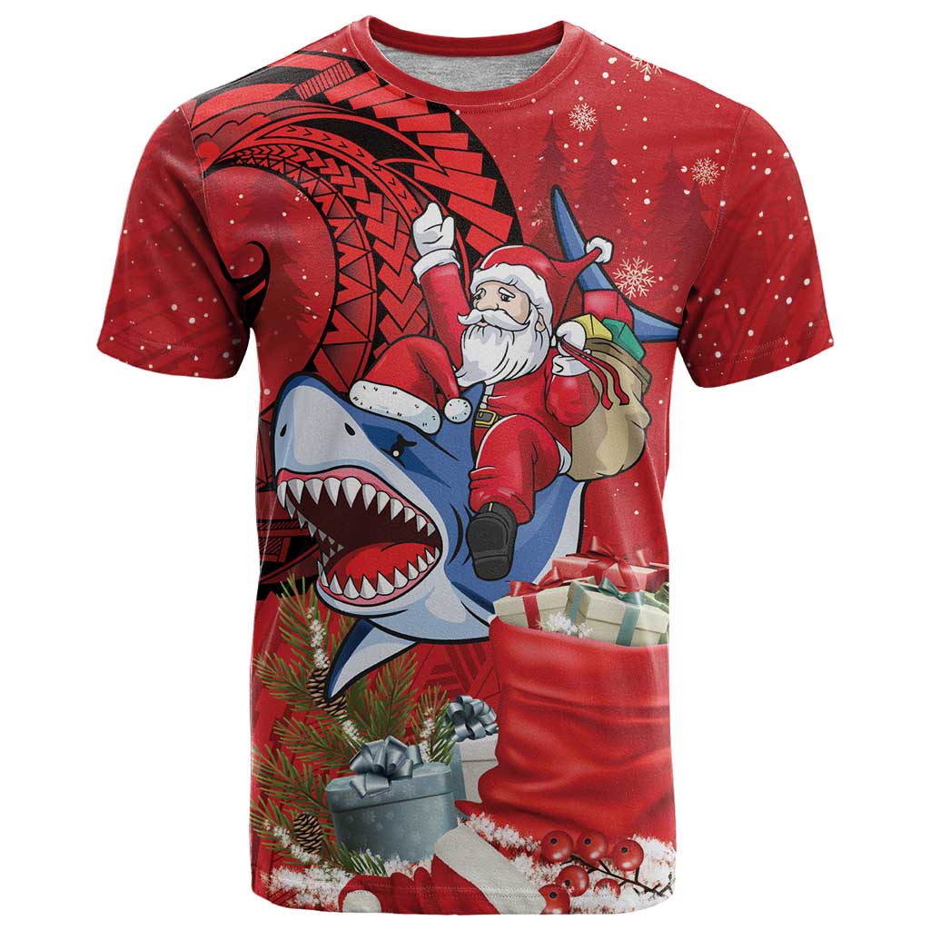 Funny Santa Riding Shark T Shirt Polynesian Tribal Christmas Spirit - Polynesian Pride