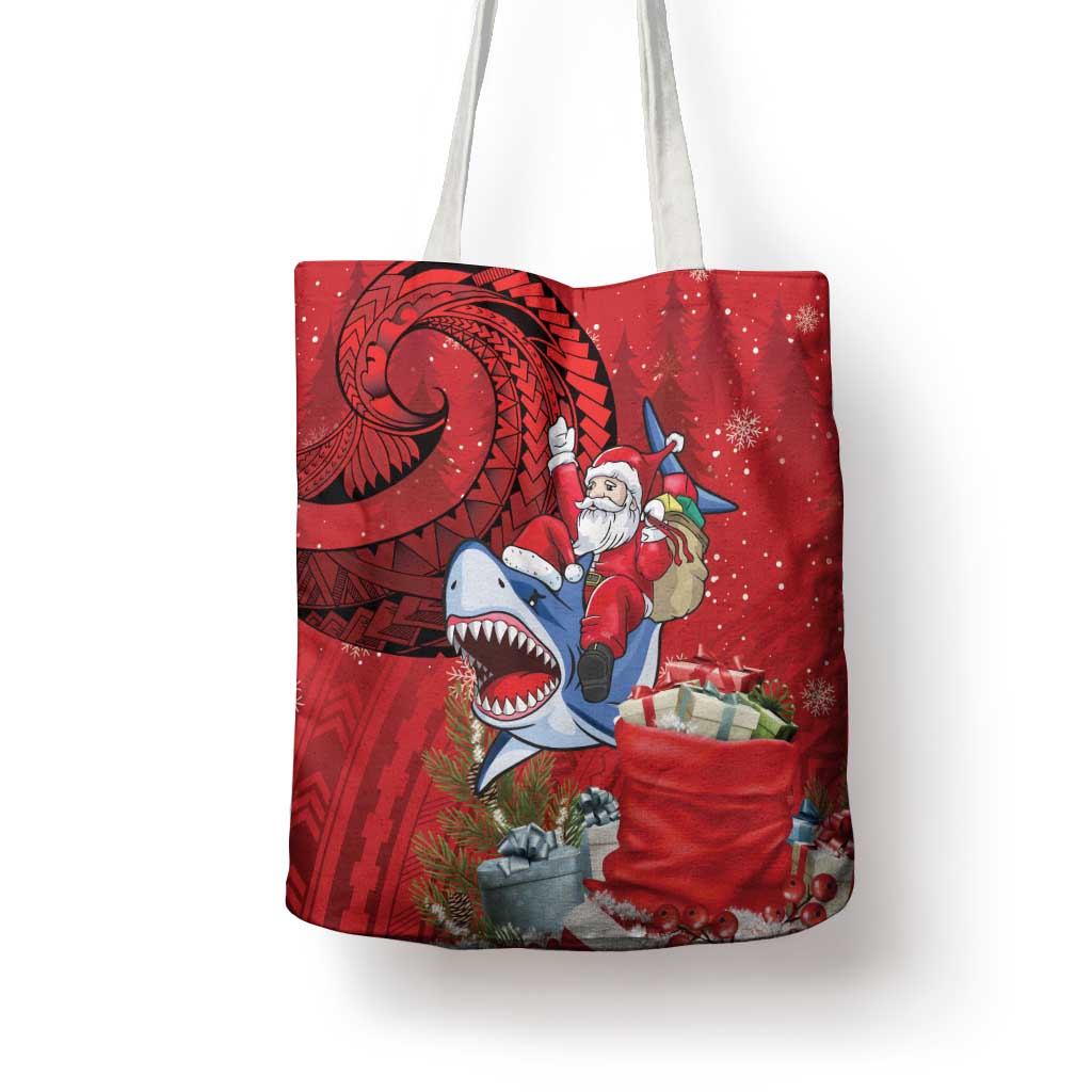 Funny Santa Riding Shark Tote Bag Polynesian Tribal Christmas Spirit - Polynesian Pride
