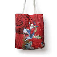 Funny Santa Riding Shark Tote Bag Polynesian Tribal Christmas Spirit - Polynesian Pride