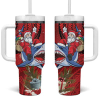 Funny Santa Riding Shark Tumbler With Handle Polynesian Tribal Christmas Spirit - Polynesian Pride