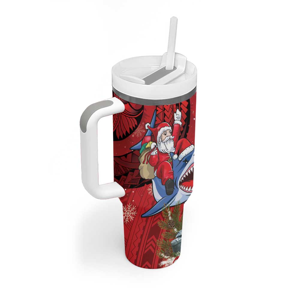 Funny Santa Riding Shark Tumbler With Handle Polynesian Tribal Christmas Spirit - Polynesian Pride