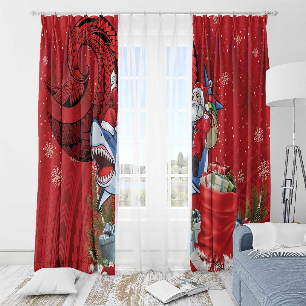 Funny Santa Riding Shark Window Curtain Polynesian Tribal Christmas Spirit - Polynesian Pride