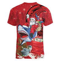 Funny Santa Riding Shark Women V-Neck T-Shirt Polynesian Tribal Christmas Spirit - Polynesian Pride
