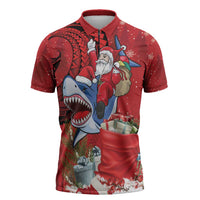 Funny Santa Riding Shark Zipper Polo Shirt Polynesian Tribal Christmas Spirit - Polynesian Pride