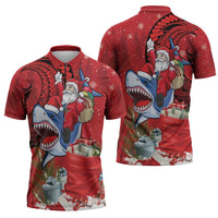 Funny Santa Riding Shark Zipper Polo Shirt Polynesian Tribal Christmas Spirit - Polynesian Pride