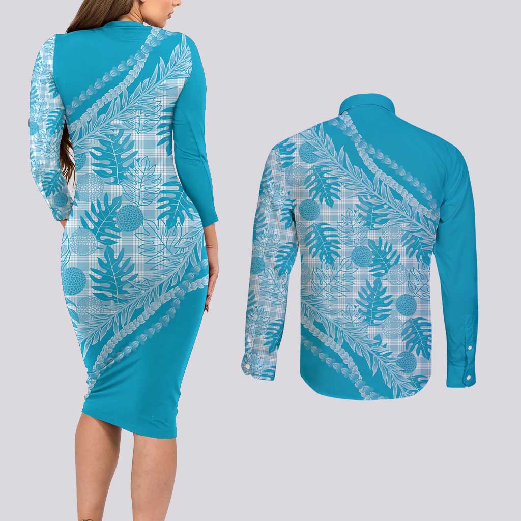 Hawaii Breadfruit Palaka Couples Matching Long Sleeve Bodycon Dress and Long Sleeve Button Shirt Polu Maile Lei - Polynesian Pride