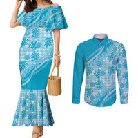 Hawaii Breadfruit Palaka Couples Matching Mermaid Dress and Long Sleeve Button Shirt Polu Maile Lei - Polynesian Pride