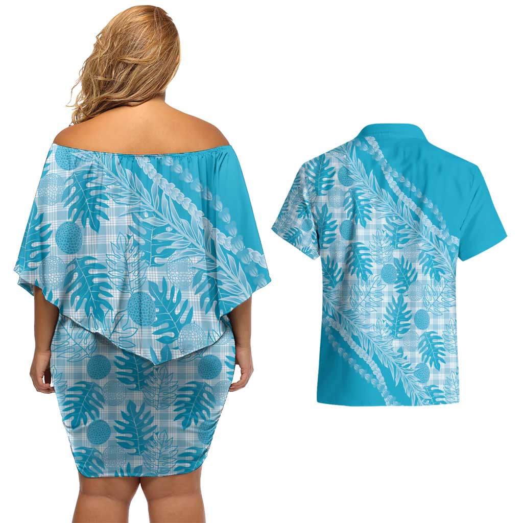 Hawaii Breadfruit Palaka Couples Matching Off Shoulder Short Dress and Hawaiian Shirt Polu Maile Lei - Polynesian Pride