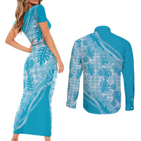 Hawaii Breadfruit Palaka Couples Matching Short Sleeve Bodycon Dress and Long Sleeve Button Shirt Polu Maile Lei - Polynesian Pride