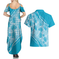 Hawaii Breadfruit Palaka Couples Matching Summer Maxi Dress and Hawaiian Shirt Polu Maile Lei - Polynesian Pride