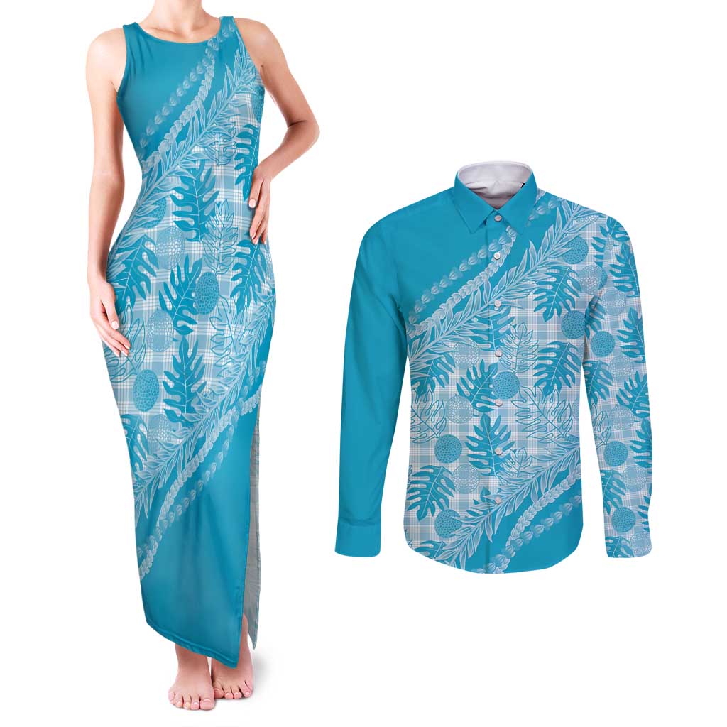 Hawaii Breadfruit Palaka Couples Matching Tank Maxi Dress and Long Sleeve Button Shirt Polu Maile Lei - Polynesian Pride