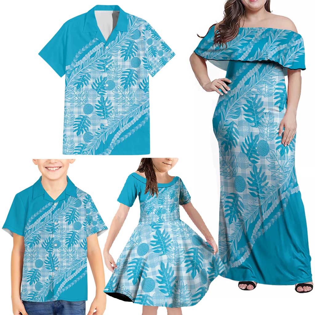 Hawaii Breadfruit Palaka Family Matching Off Shoulder Maxi Dress and Hawaiian Shirt Polu Maile Lei - Polynesian Pride