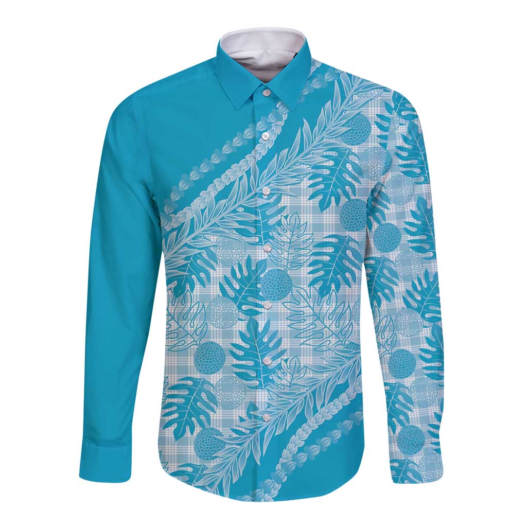 Hawaii Breadfruit Palaka Long Sleeve Button Shirt Polu Maile Lei LT9 Unisex Blue - Polynesian Pride